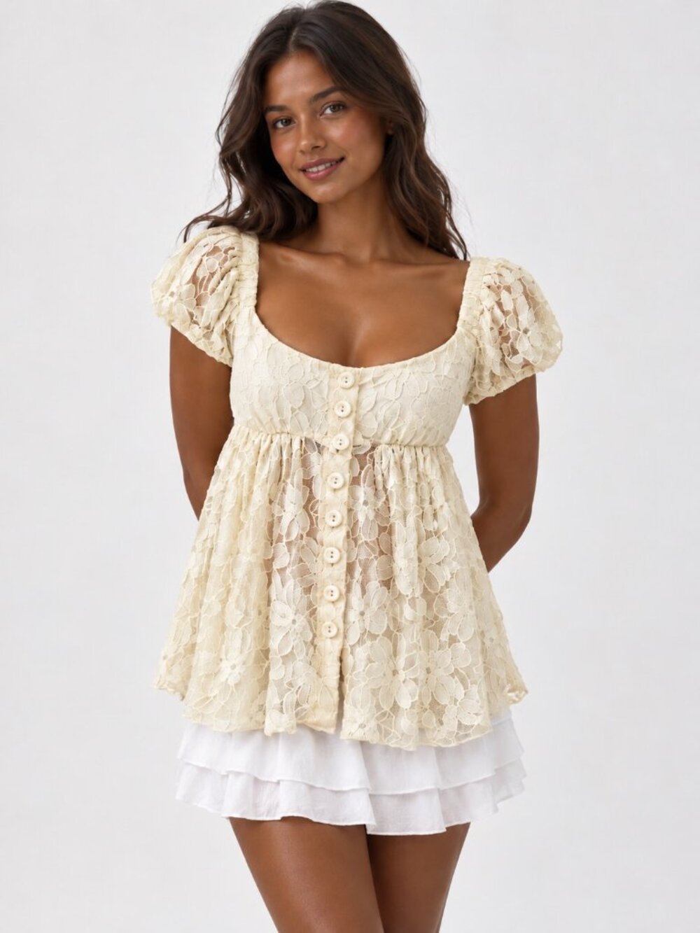 Kimchi Blue Loren Ivory Floral Lace Babydoll Top Puff Sleeve Coquette Size M NWT